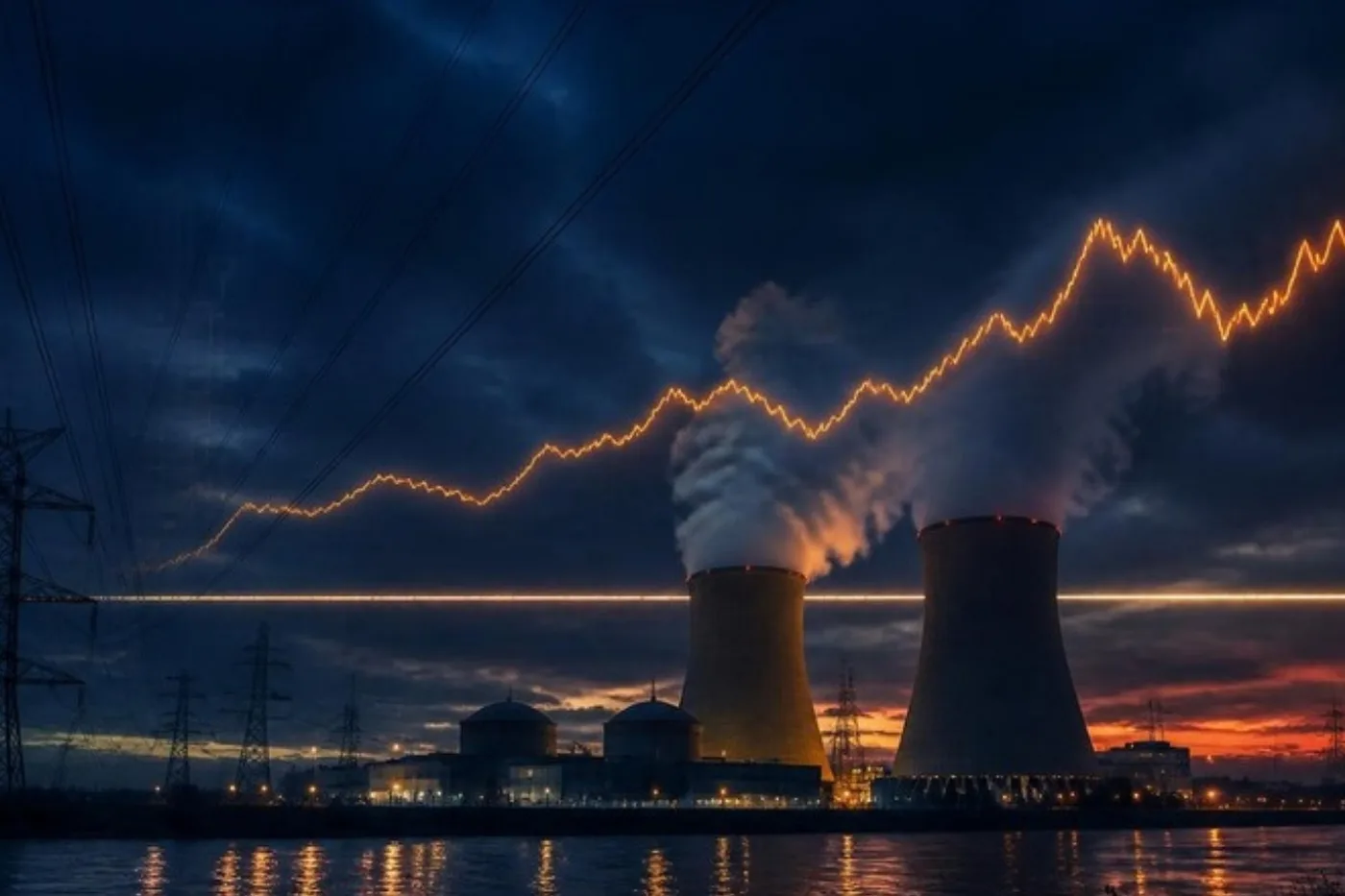 Centrale nucléaire au crépuscule, lignes à haute tension et courbe de prix de l'électricité