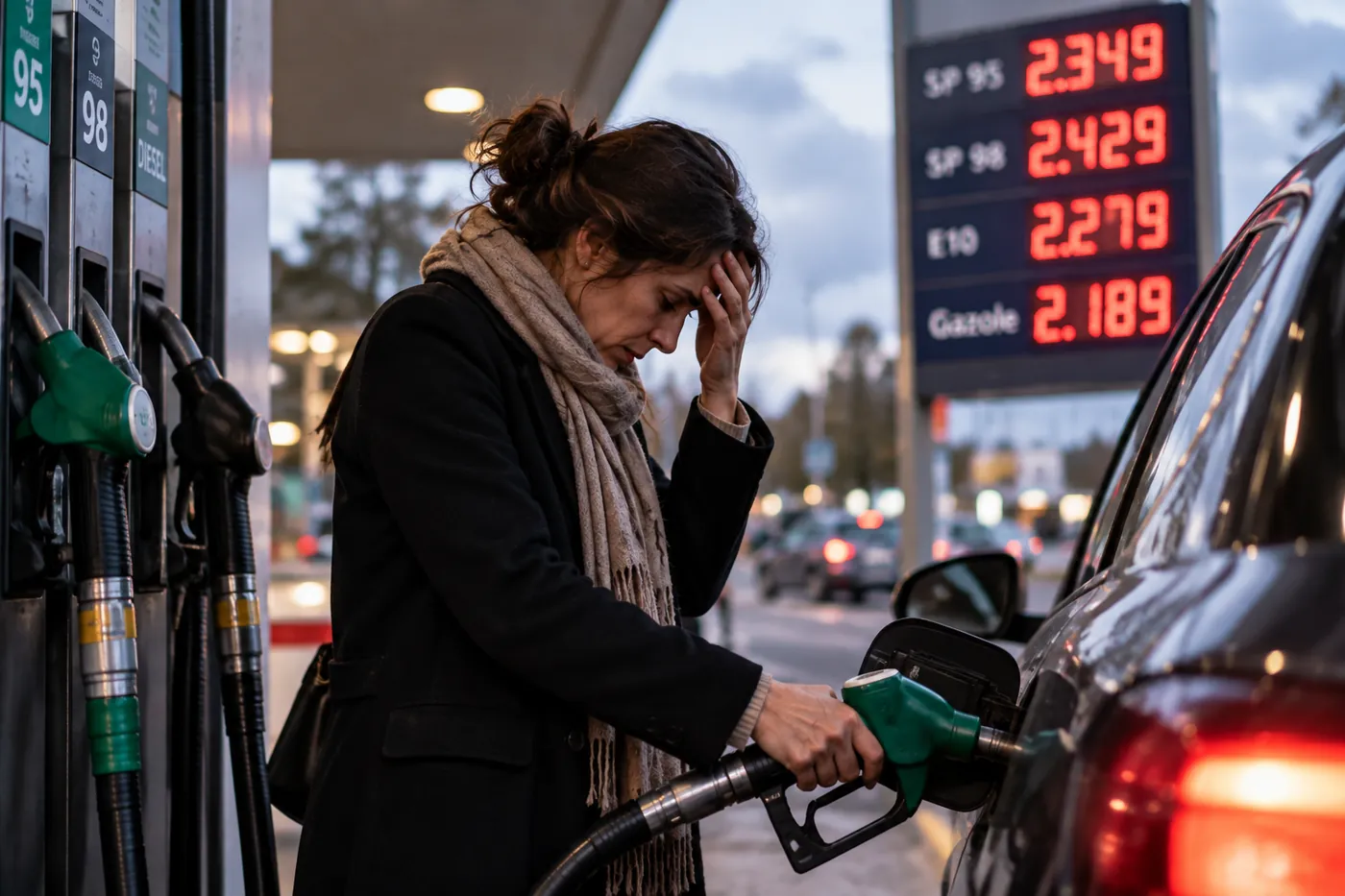 Une automobiliste, la main sur le front, fait le plein devant un totem affichant des prix au-dessus de 2 euros le litre
