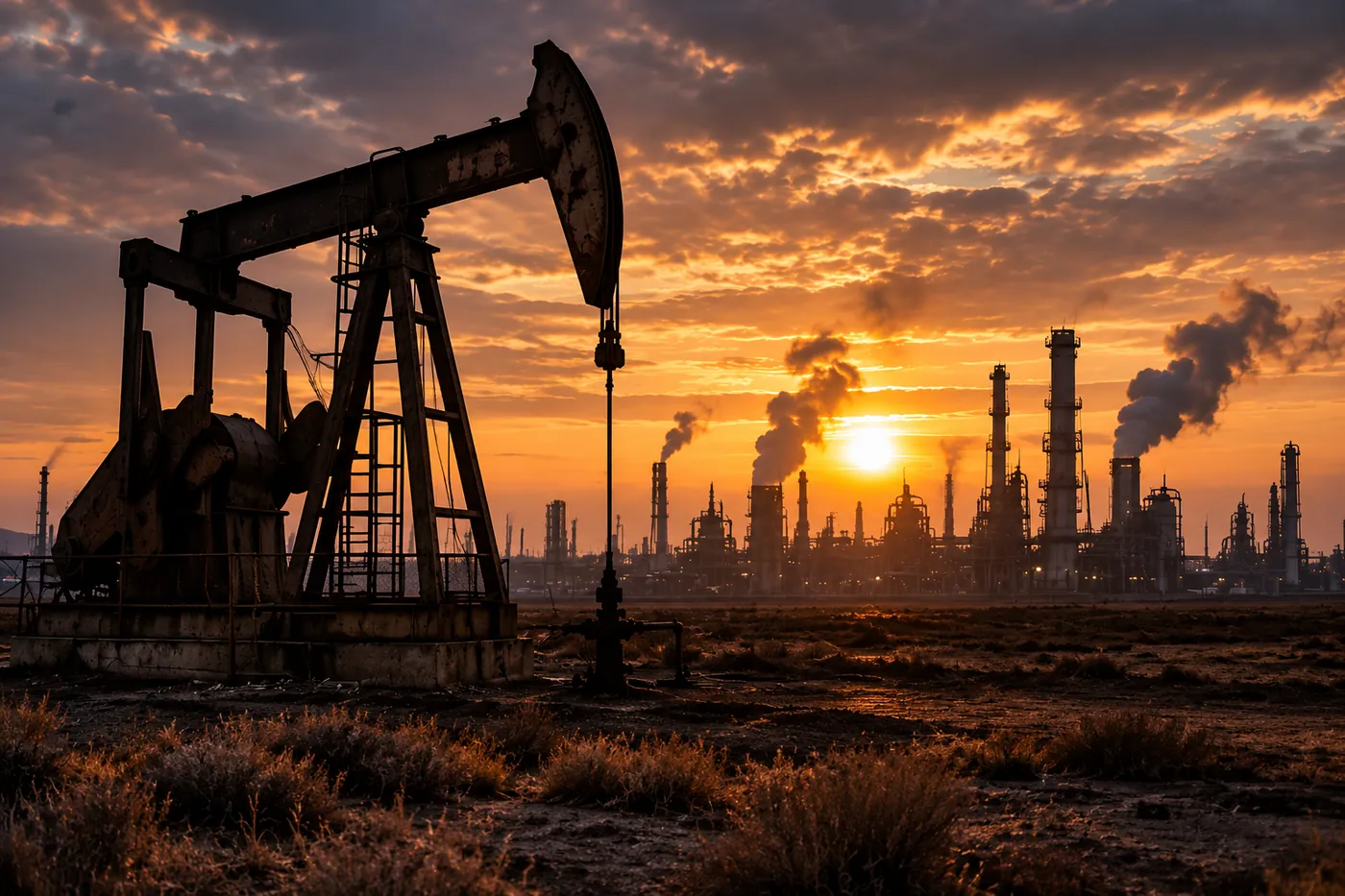 Chevalet de pompage pétrolier en silhouette au coucher du soleil, devant une raffinerie