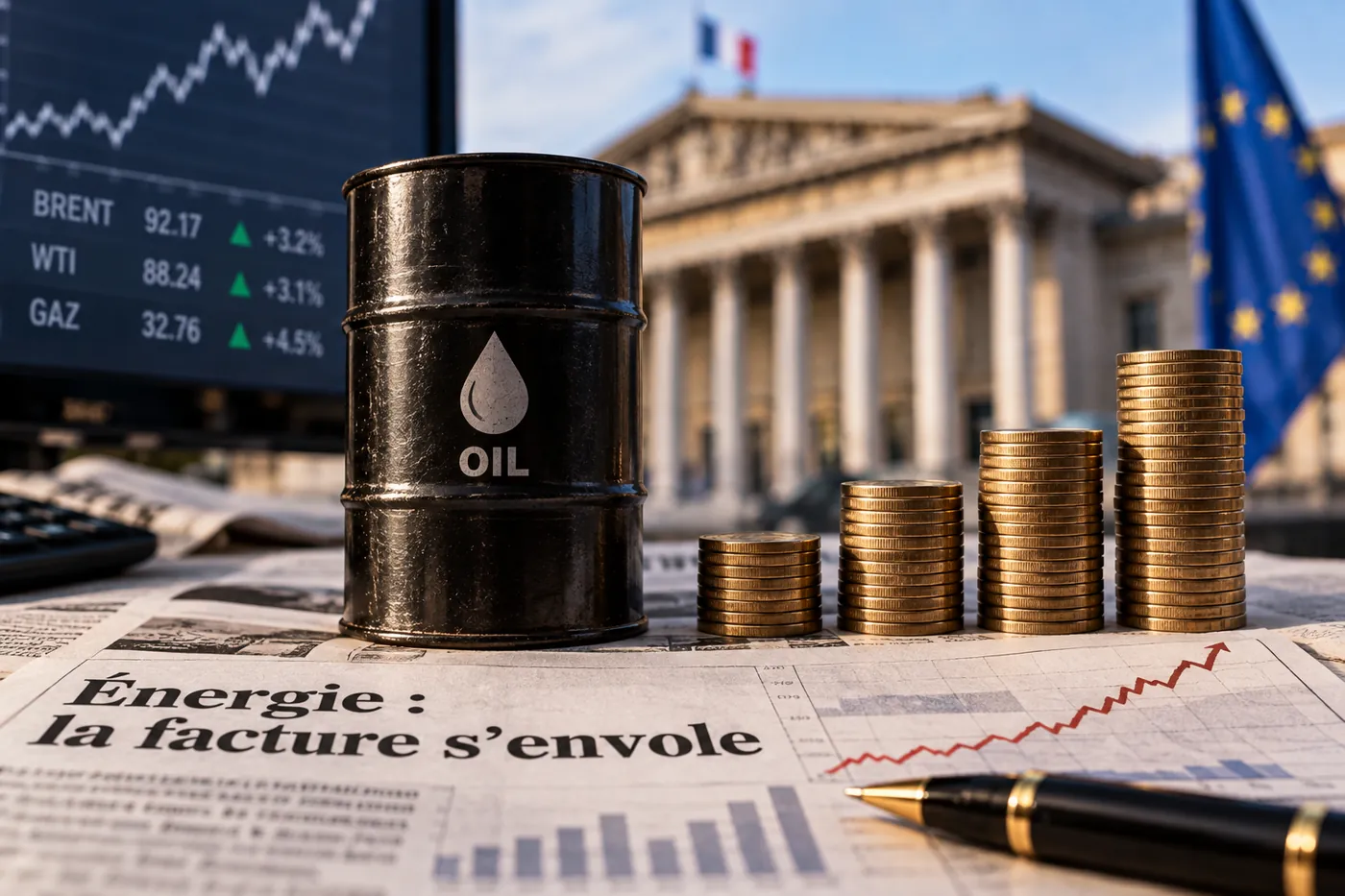 Baril de pétrole et piles de pièces devant l'Assemblée nationale