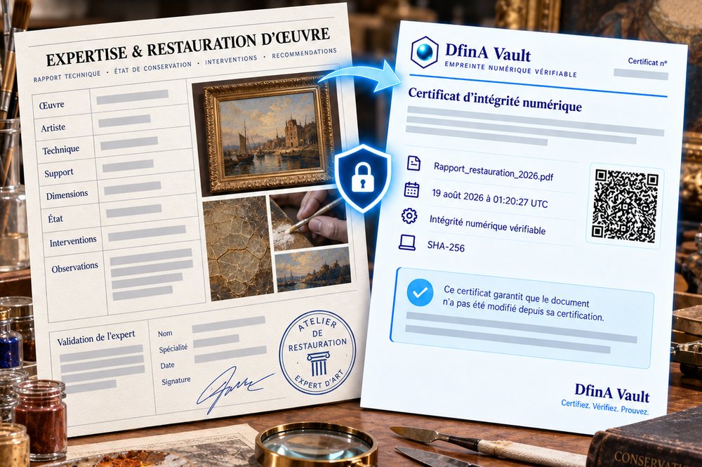 Un rapport d’expertise et de restauration d’œuvre posé dans un atelier, à côté de son certificat DfinA Vault portant le numéro de dossier, le nom du fichier, la date en UTC et un QR code de vérification.