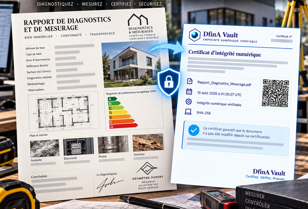 Un rapport de diagnostics et de mesurage posé sur un bureau de chantier, à côté de son certificat DfinA Vault portant le numéro de dossier, le nom du fichier, la date en UTC et un QR code de vérification.
