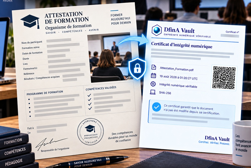 Une attestation de formation posée sur un bureau, à côté de son certificat DfinA Vault portant le numéro de dossier, le nom du fichier, la date en UTC et un QR code de vérification.