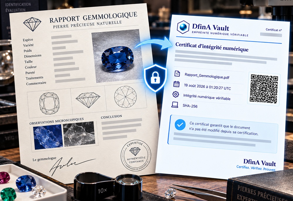 Un rapport gemmologique posé sur un établi, à côté de son certificat DfinA Vault portant le numéro de dossier, le nom du fichier, la date en UTC et un QR code de vérification.