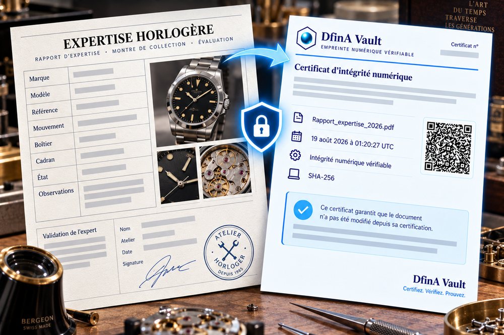 Un rapport d’expertise horlogère posé sur un établi, à côté de son certificat DfinA Vault portant le numéro de dossier, le nom du fichier, la date en UTC et un QR code de vérification.