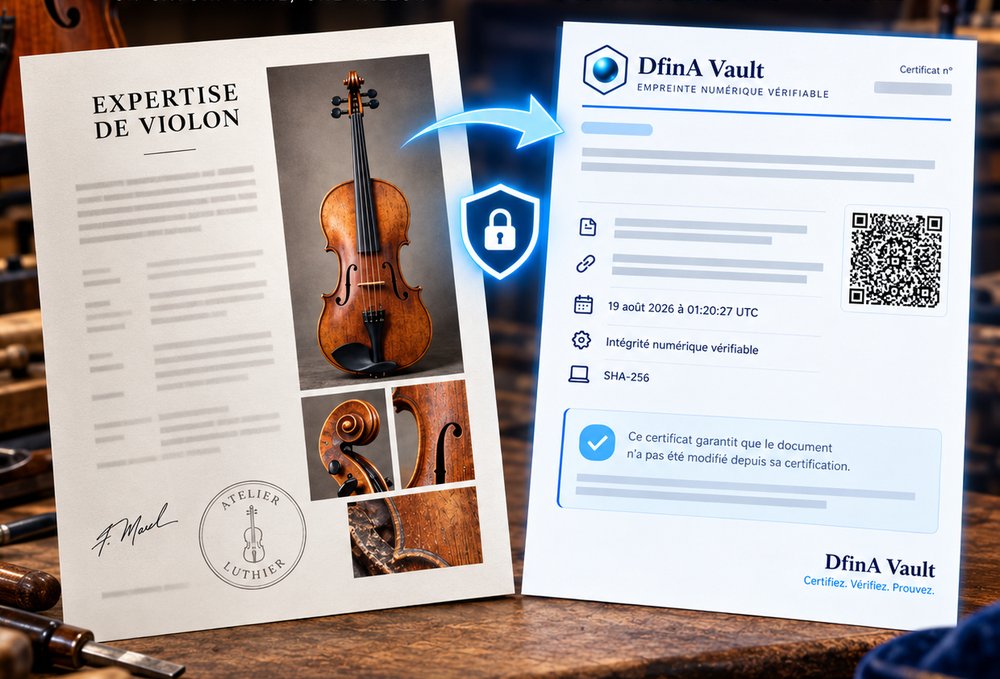 Une expertise de violon posée sur un établi, et à côté son certificat DfinA Vault portant le numéro de dossier, les empreintes du fichier, la date et un QR code de vérification.