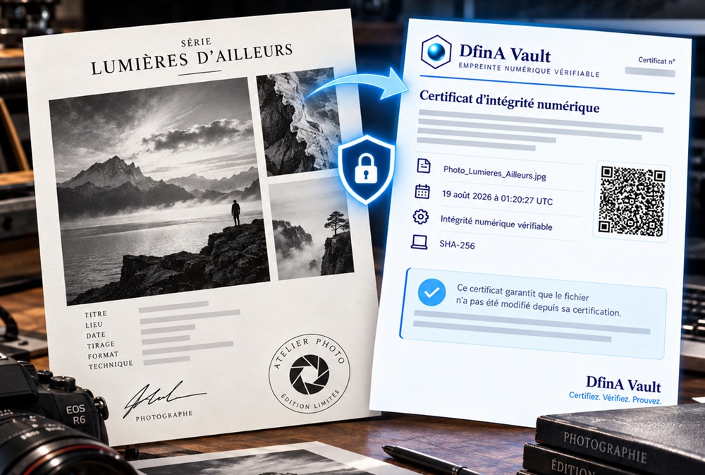 Une planche de série photographique posée sur un plan de travail, à côté de son certificat DfinA Vault portant le numéro de dossier, le nom du fichier, la date en UTC et un QR code de vérification.