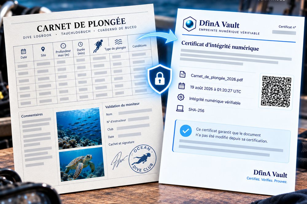 Un carnet de plongée posé sur le pont d’un bateau, et à côté son certificat DfinA Vault portant le numéro de dossier, le nom du fichier, la date en UTC et un QR code de vérification.