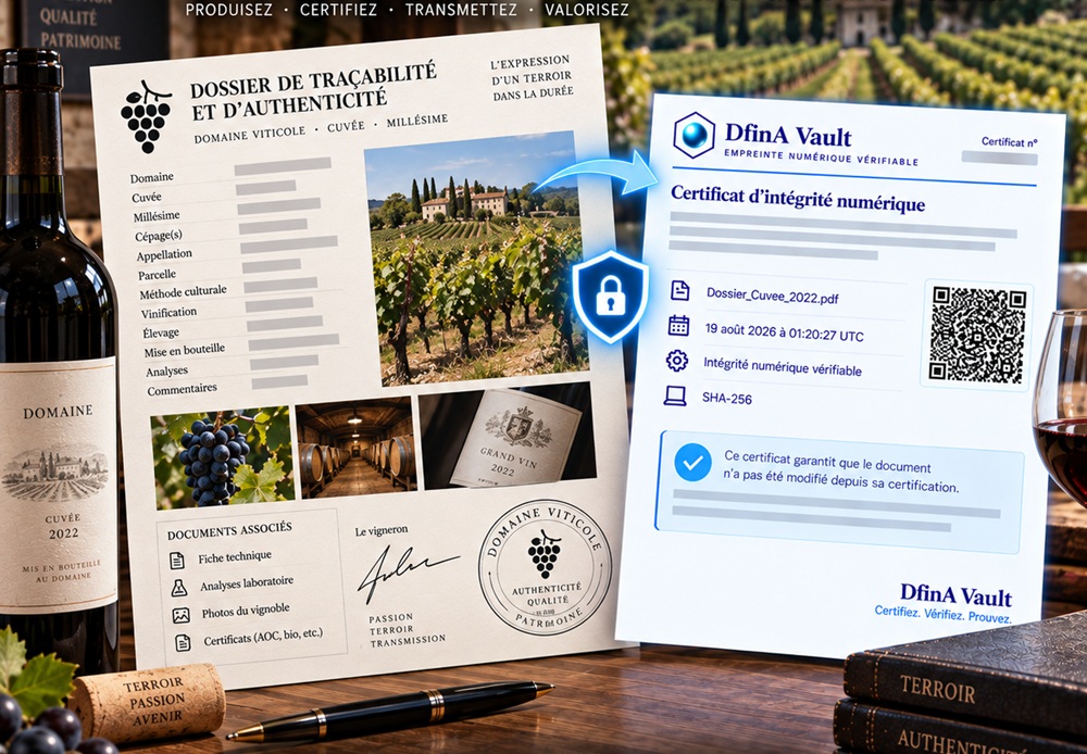 Un dossier de traçabilité et d’authenticité d’une cuvée posé sur une table, à côté de son certificat DfinA Vault portant le numéro de dossier, le nom du fichier, la date en UTC et un QR code de vérification.