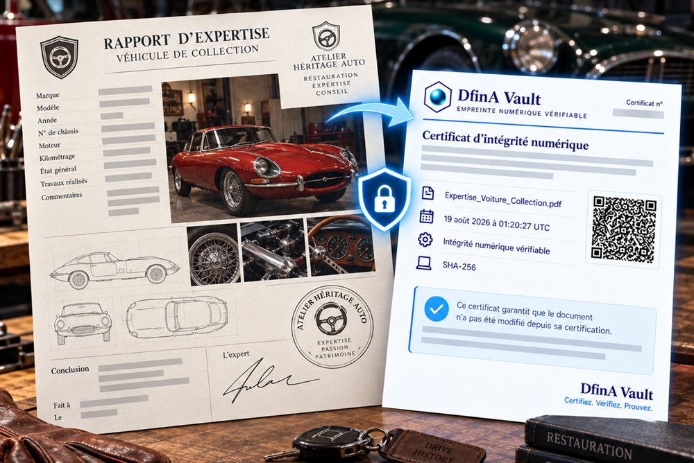 Un rapport d’expertise de véhicule de collection posé dans un atelier, à côté de son certificat DfinA Vault portant le numéro de dossier, le nom du fichier, la date en UTC et un QR code de vérification.